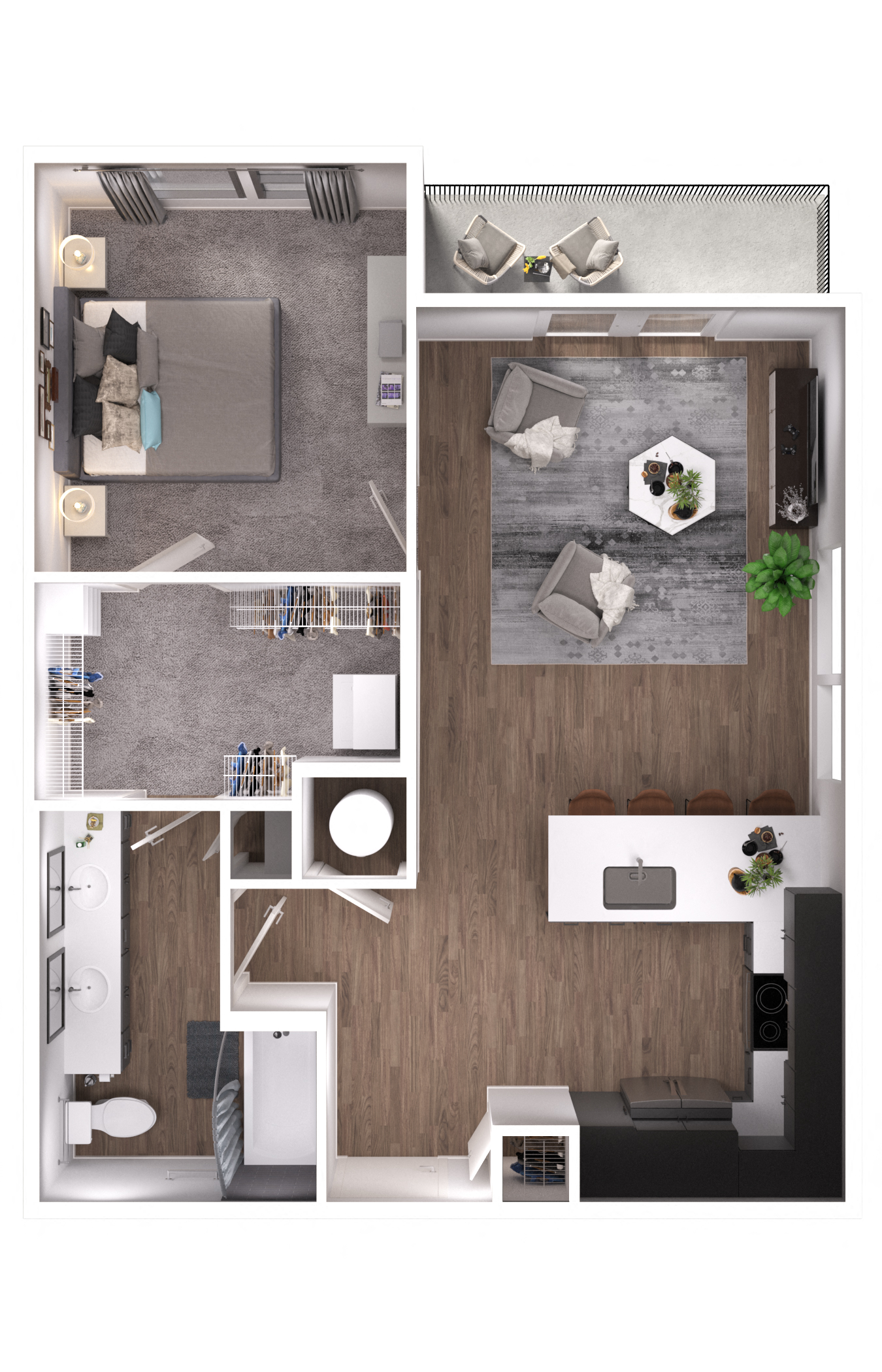 Floor plan for 1 bed, 1 bath, 743 sqft